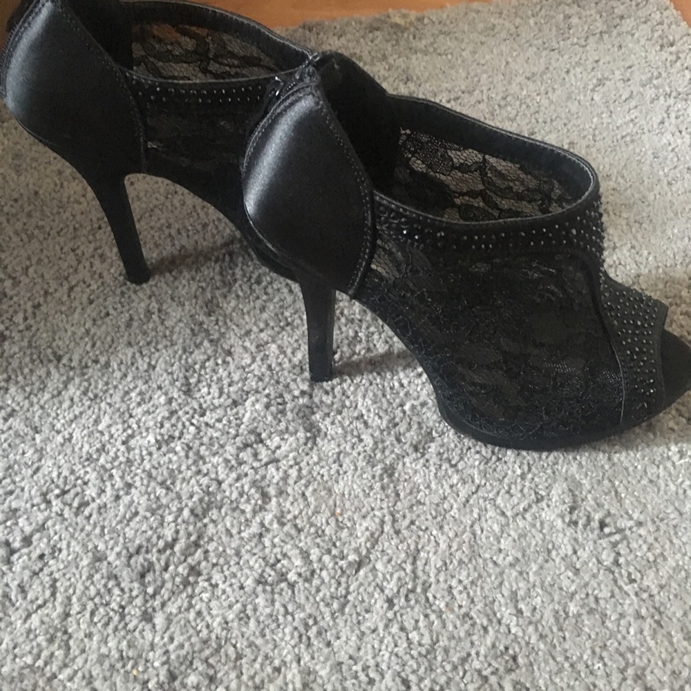 Open toe black rhinestone lace heels